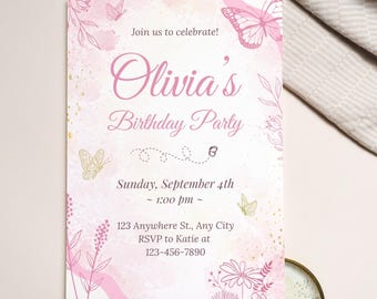 Butterfly Birthday Invitation Template, Editable Butterfly Invite, Girl Birthday, Butterfly Party, Floral Butterfly Invite, Instant Download