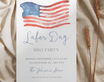 Editable Labor Day BBQ Party Invitation Template (5x7, 4x6 inch, Digital Download)