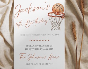 Editable Basketball Birthday Invitation, Basketball Birthday Invite Template, Minimal Basketball, Boho Basketball Invite, Instant Download