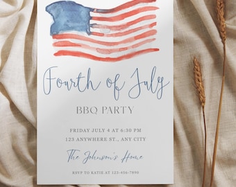 4 juli BBQ-uitnodiging sjabloon, bewerkbare 4 juli-feestje uitnodigen, Independence Day uitnodigen, minimaal Fourth Of July-feest, picknick uitnodigen