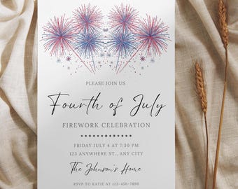 4th Of July Firework Invitation Template, Editable 4th Of July Party Invite, Independence Day Party, Firework Show Invite, Barbeque Invite
