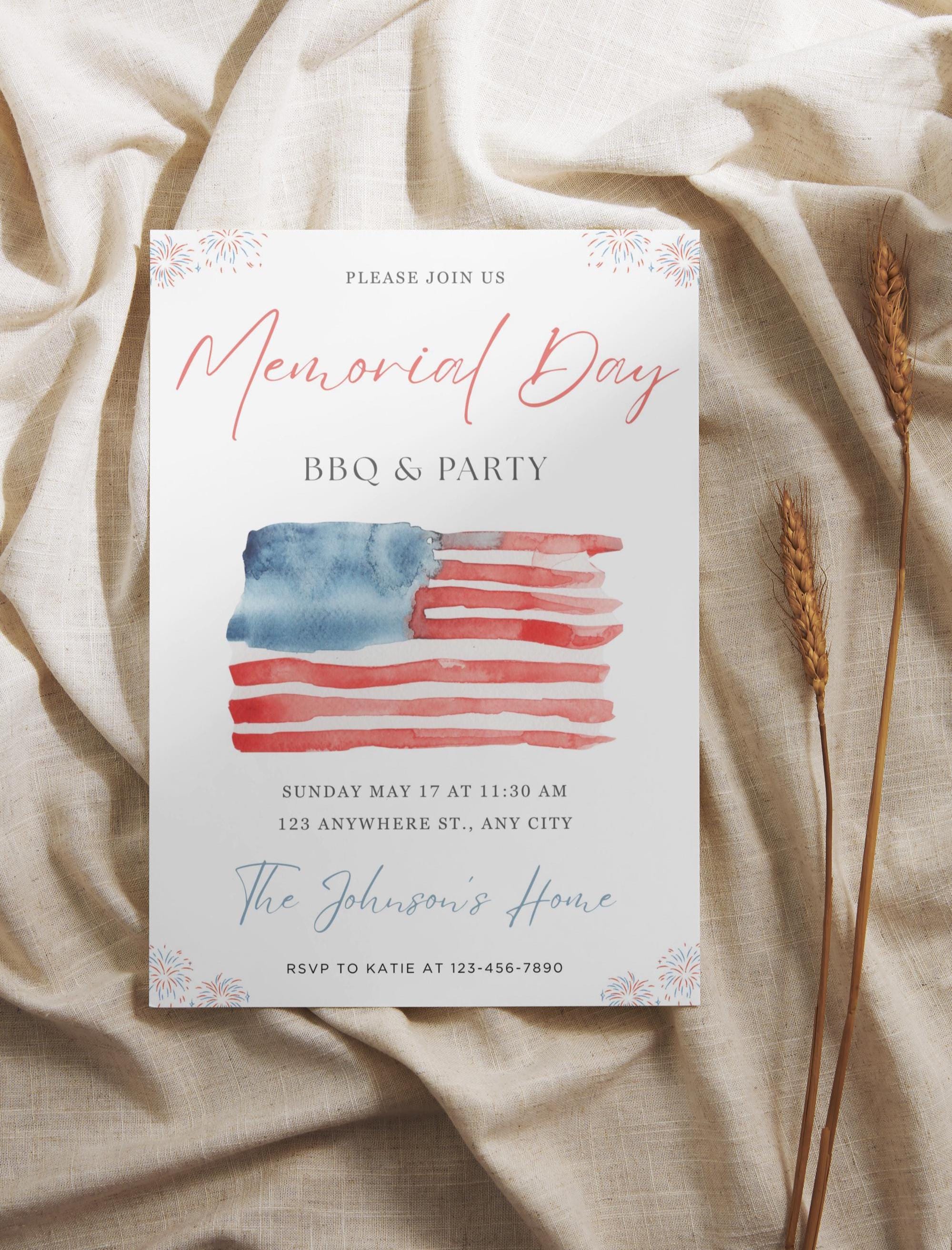 Memorial Day Party Invitation Template, Editable Memorial Day BBQ ...