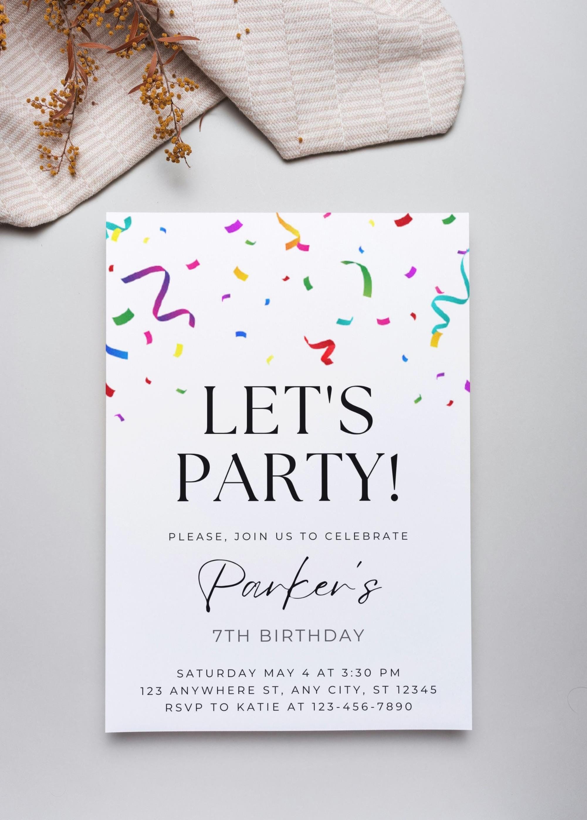 Editable Confetti Birthday Invitation, Colorful Confetti Invite ...
