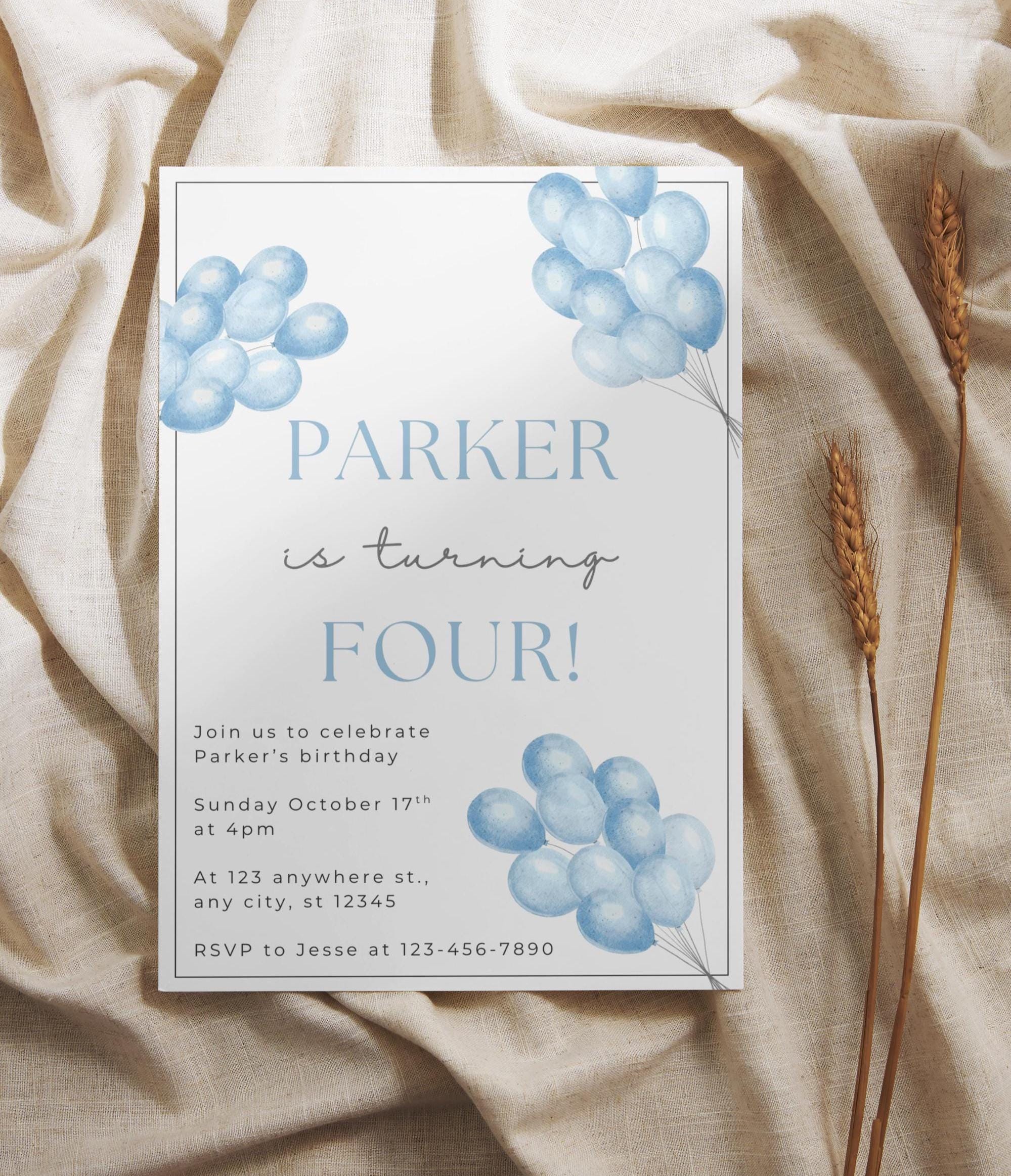 Blue Balloon Birthday Invitation Template, Editable Balloon Birthday Invite, Minimal Watercolor Balloon Party, Boy Balloon, Instant Download