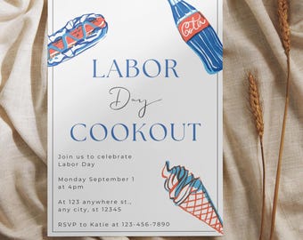 Editable Labor Day Cookout Invitation Template: BBQ Grill & Pool Party (5x7, 4x6 Digital Download)