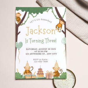 Monkey Birthday Invitation Template: Editable Jungle Safari Party Invite (5x7, 4x6 Digital Download)