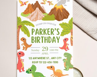 May include: A dinosaur-themed birthday invitation with a green, brown, and orange color scheme. The invitation features a volcano, mountains, palm trees, and dinosaurs. The text reads "Stomp on over for Parker's Birthday, Sunday, April 29, 1:00 PM, 123 Anywhere St., Any City, RSVP to 123-456-7890."