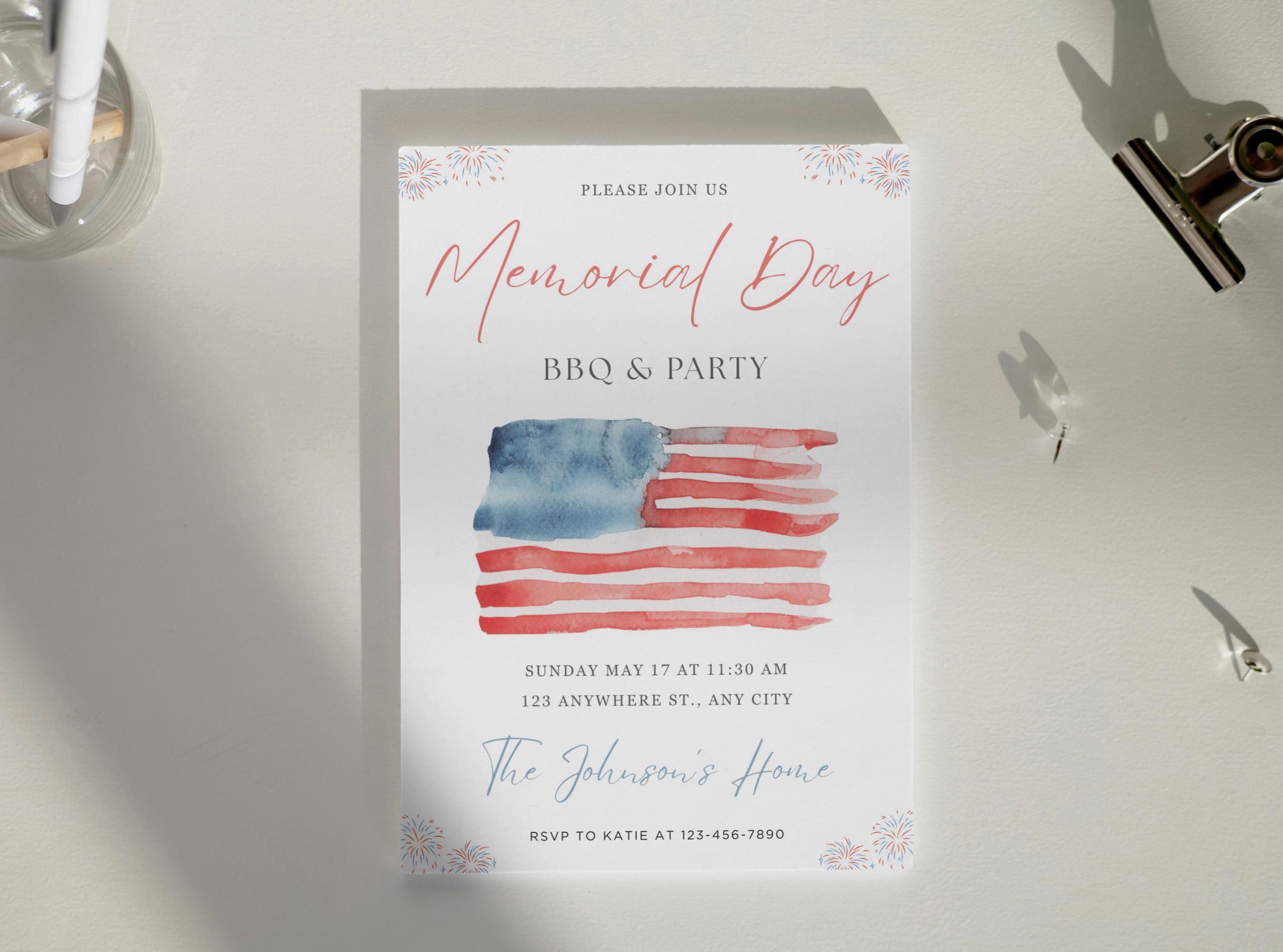Memorial Day Party Invitation Template, Editable Memorial Day BBQ ...