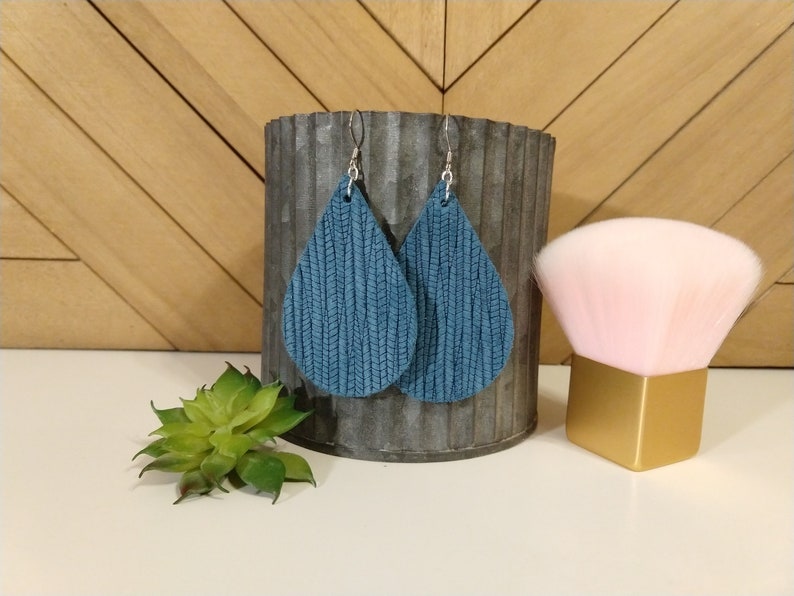 Teal Leather Teardrop Earrings Genuine Leather Teal Palm Leaf Lightweight Earrings Textured Leather Earrings