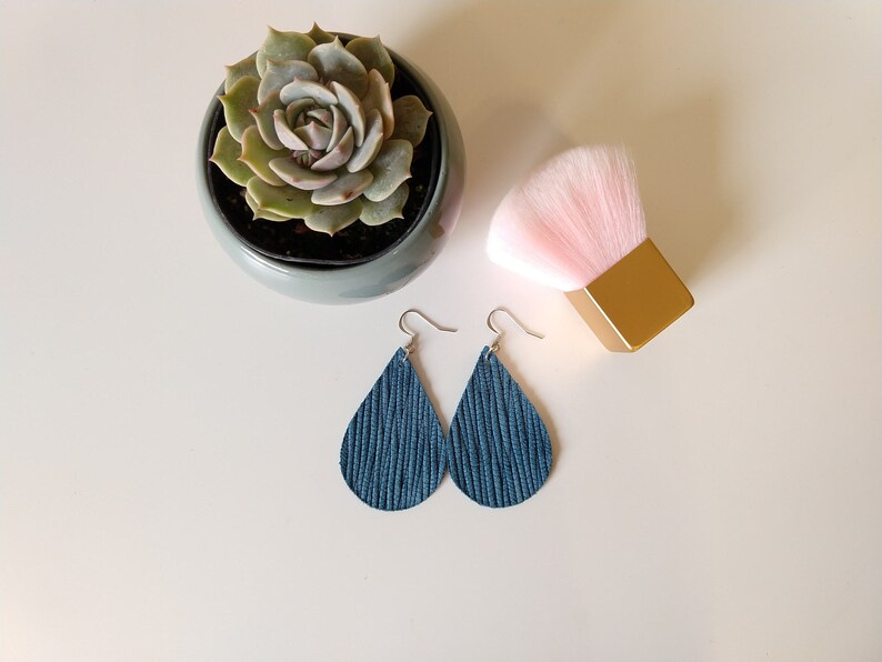 Teal Leather Teardrop Earrings Genuine Leather Teal Palm Leaf Lightweight Earrings Textured Leather Earrings
