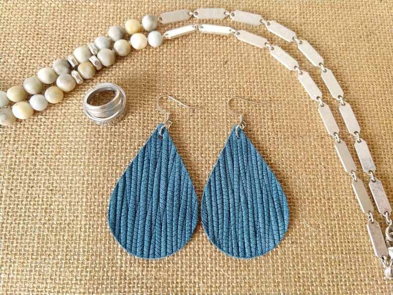 Teal Leather Teardrop Earrings Genuine Leather Teal Palm Leaf Lightweight Earrings Textured Leather Earrings