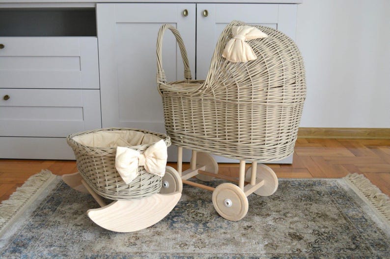 Wicker Doll Pram and Cradle Set, Handmade Baby Doll Stroller and ...