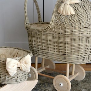 Rieten poppenwagen en wiegset, handgemaakte babypopwandelwagen en schommelwieg, milieuvriendelijk poppenmeubilair, cadeau voor meisjes