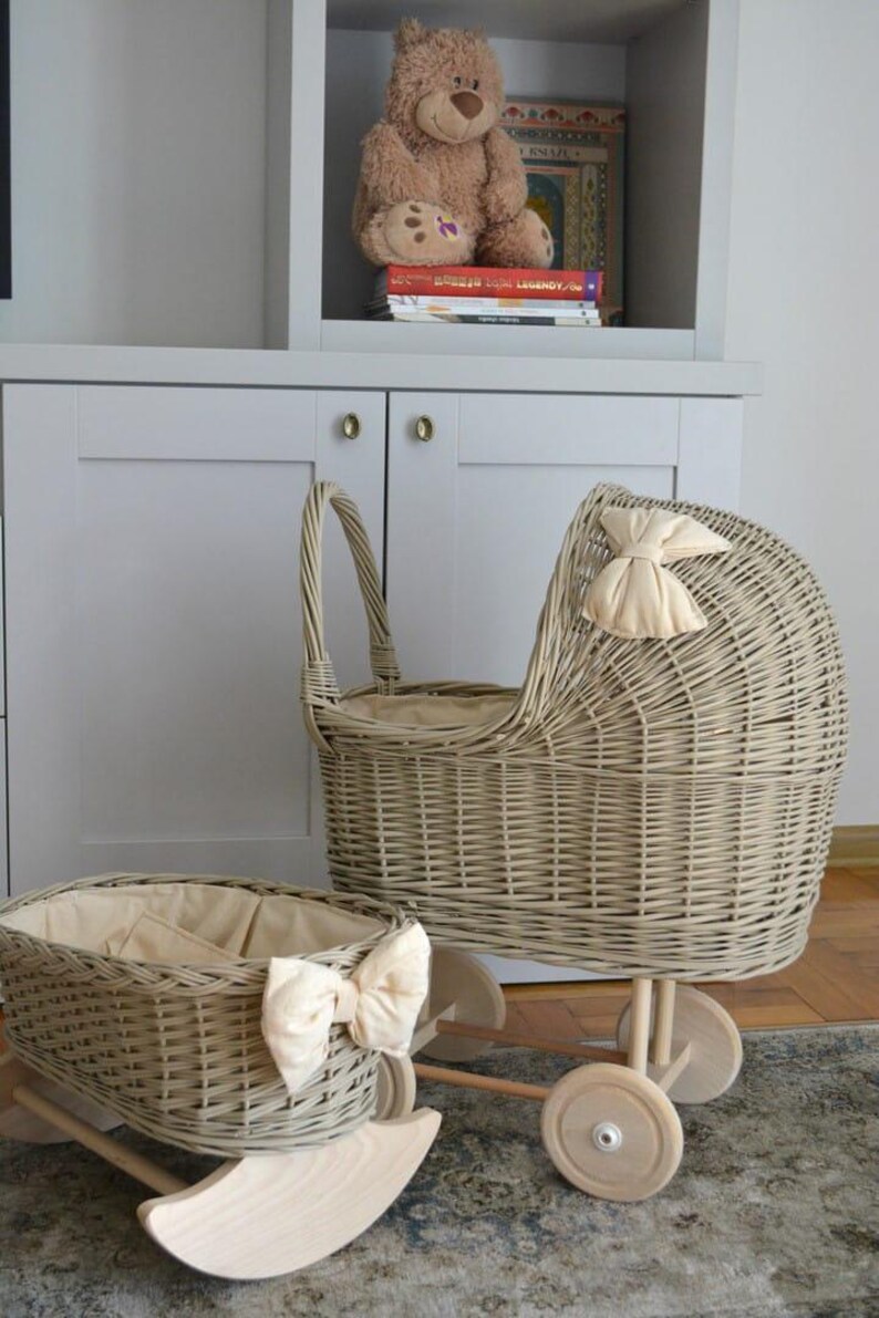 Wicker Doll Pram and Cradle Set, Handmade Baby Doll Stroller and ...