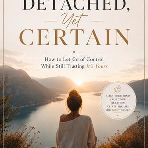 May include: Book cover with the title "DETACHED, Yet CERTAIN" in black and gold lettering. The image shows a person sitting on a rock overlooking a lake and mountains. The book's subtitle is "How to Let Go of Control While Still Trusting It's Yours."
