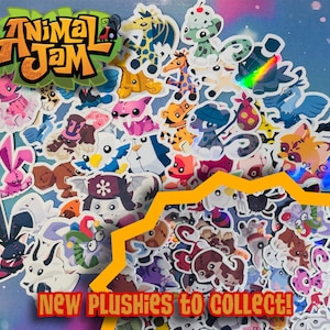 Könnte beinhalten: Eine Sammlung von Animal Jam-Aufklebern mit verschiedenen bunten Cartoon-Tierfiguren und Plüschtieren. Das Animal Jam-Logo befindet sich oben links und der Text New Plushies to Collect ist unten in roter Schrift zu sehen.
