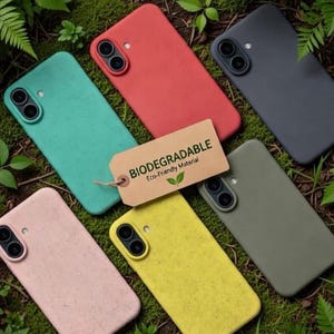 Biodegradable Eco Friendly iPhone 17 Case, iPhone 17 Pro Max, 16 15 14 Plus 13 12 11 XR 8 7 Green Blue Black Pink Red Wheat Straw Cover