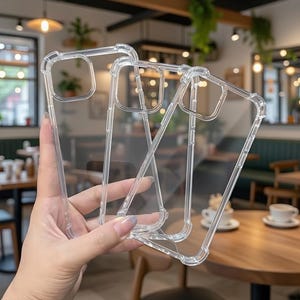 以下が含まれることがあります： 透明でクリアな携帯電話ケース。ケースは硬質で保護的なプラスチック製で、カメラとスクリーンの周りに隆起したエッジがあります。ケースはスマートフォンに合うように設計されています。