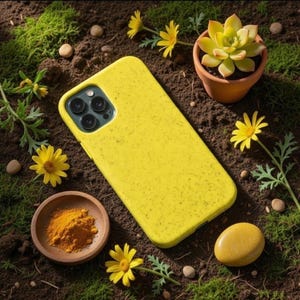 May include: A vibrant yellow phone case with a speckled finish, showcasing a multi-lens camera aperture. The case is surrounded by yellow daisies, a small succulent in a terracotta pot, and a wooden bowl of orange powder, set on soil and moss.