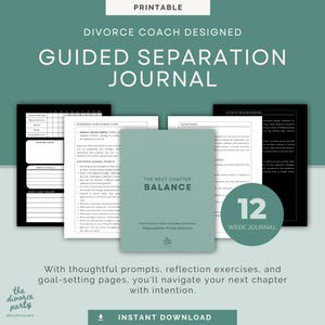 Könnte beinhalten: Druckbarer geführter Trennungs-Tagebuch mit einem türkisfarbenen Cover und dem Titel "The Next Chapter Balance: From Chaos to Calm, A Guided Journal for Finding Stability Through Separation". Das Tagebuch ist ein 12-Wochen-Tagebuch.