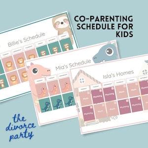 May include: Printable co-parenting schedule for kids with a sloth, dinosaur, and house theme. The schedule includes days of the week and spaces for names.