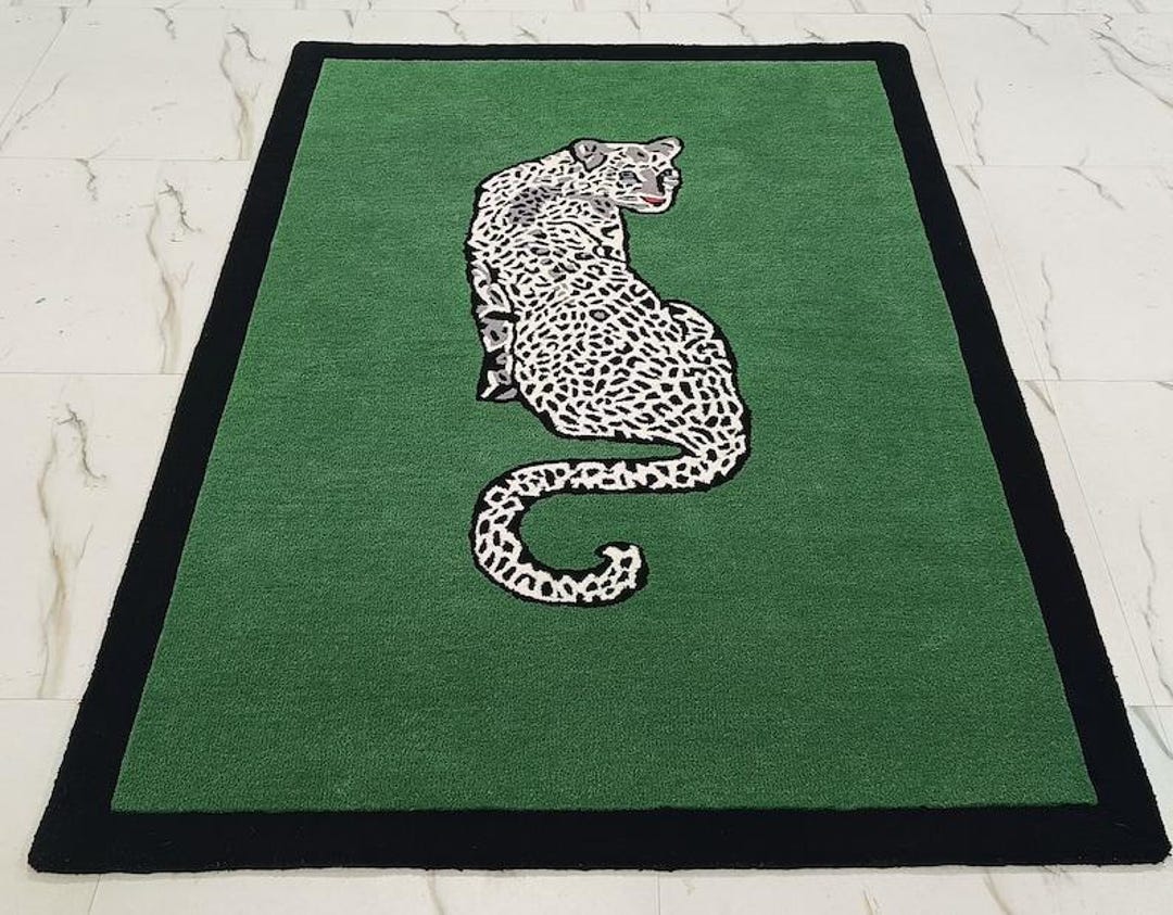 Luxury Green Leopard Rug, Bold Animal Print for Exotic and Elegant ...