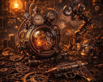 The Brasswork Nexus – Steampunk Wall Art Collection | Gothic Industrial Fantasy Art Print Set