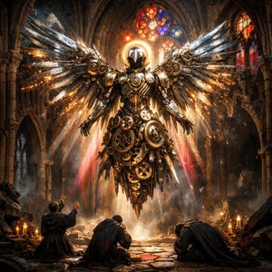 以下が含まれることがあります： デジタルアート作品。歯車ベースのコンポーネントと金属の翼を持つ機械的な天使が、大聖堂に浮かんでいます。天使は金色の光輪と光線で照らされています。黒いローブを着た3人の人物が、ろうそくに囲まれ、敬意を表してひざまずいています。