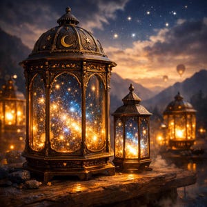 Celestial Lantern Art Print Set, Starlight Galaxy Artwork (Digital Download)