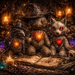 Ensemble de reproductions d'art animalier Familiers in Thread and Spell Witchy – Décoration murale pour poupée magique