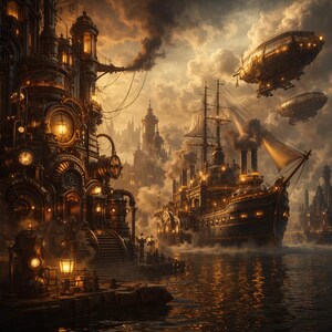 Steampunk Airship Cityscape Art Print Set – Fantasy Industrial Decor (Digital Download)