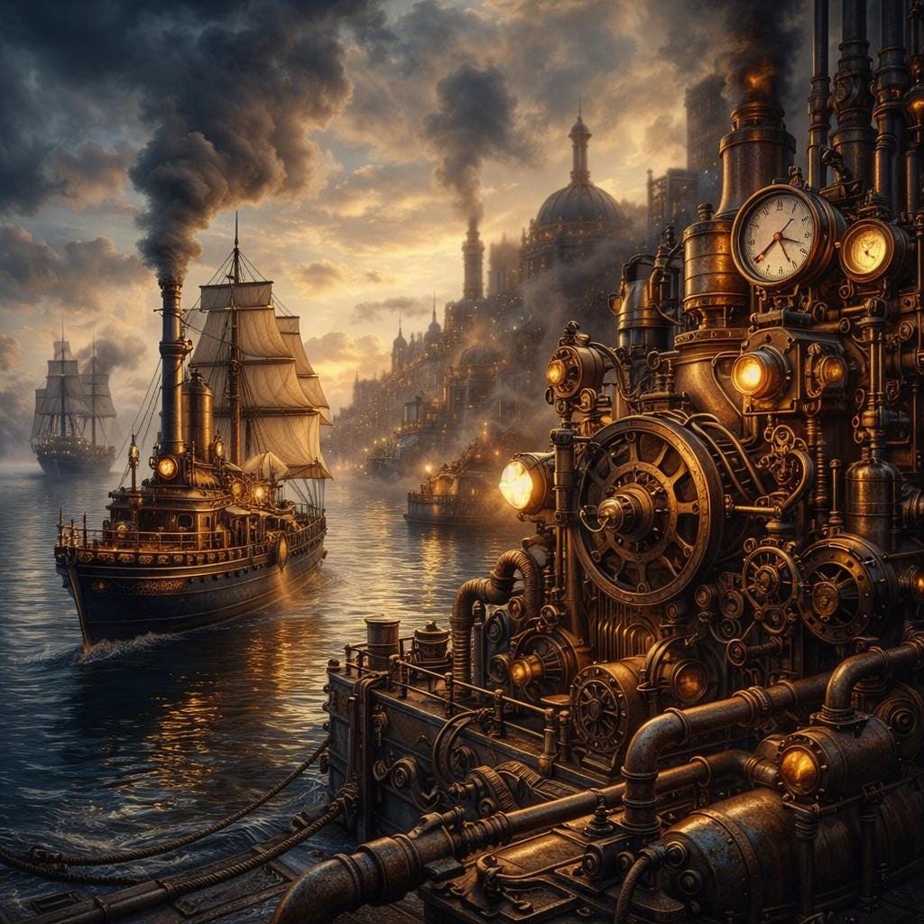 Steampunk Harbor Art Print Set | Clockwork Ships, Victorian Fantasy ...