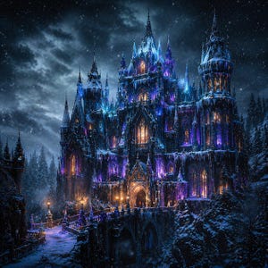 May include: A digital illustration of a gothic castle covered in snow and ice. The castle is illuminated with blue and purple lights, with a bridge leading to the entrance. The background features a snowy forest and a dark, cloudy sky.