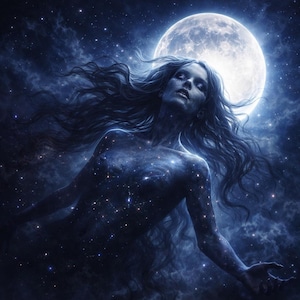 May include: Digital art of a woman with long flowing hair, her body adorned with constellations, floating in a dark blue night sky. A bright full moon illuminates the scene, surrounded by swirling clouds and twinkling stars.