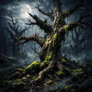 Dark Botanicals Haunted Forest Wall Art, Moonlit Dead Trees & Glowing Moss