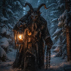 Może przedstawiać: Postać Krampusa w zaśnieżonym lesie, trzymająca latarnię i łańcuchy. Stwór ma duże rogi i futrzany płaszcz. Latarnia emituje ciepłą poświatę. W tle widać drzewa pokryte śniegiem, tworząc zimową scenerię.