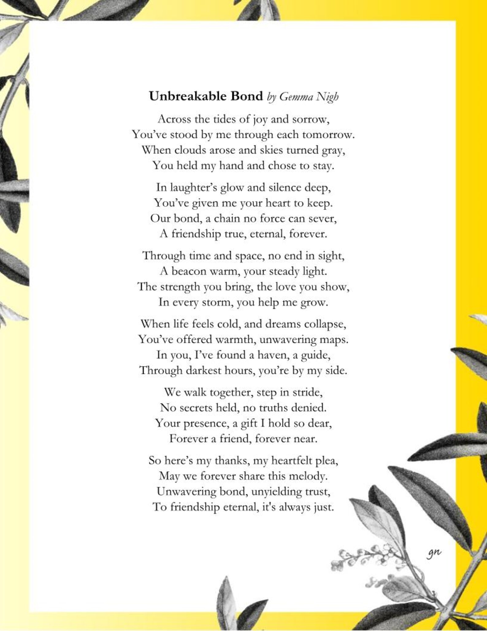 Unbreakable Bond Friendship Poem by Gemma Nigh Digital PDF Download Etsy