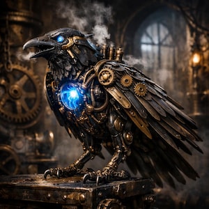 The Clockwork Corvid – Steampunk Raven Art | Gothic Mechanical Fantasy Wall Art Print Set