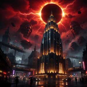 May include: A digital art piece depicting a cityscape under a fiery red sky. A tall, illuminated skyscraper dominates the scene, with ominous figures and a large celestial body in the background. Rain glistens on the streets, and cars and pedestrians are visible.