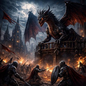 May include: A digital fantasy art piece depicting a dark castle under a moonlit sky. A large black dragon with red eyes looms over a battle scene of knights in armor. Red flags and flames add to the dramatic atmosphere.