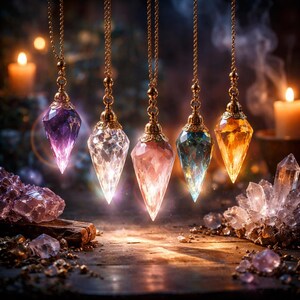 Crystal Pendulum Wall Art – Mystical Faceted Crystals, Spiritual & Witchy Decor, High-Resolution Digital Art