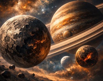 Fantasy Space Art Print Set – Celestial Moons & Rings (digitale download)