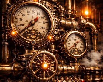 Valvole del vapore e manometro in stile steampunk, stampa artistica 3D