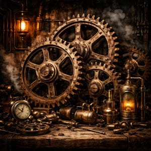 Steampunk Zahnräder Wandkunst – Industrielle verrostete Maschinen moderner quadratischer Kunstdruck für Wohn- & Bürodekor