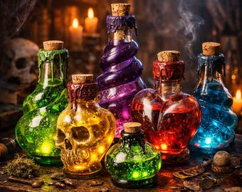 Conjunto de impresiones artísticas de botellas de poción de brebaje de bruja