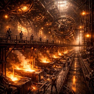 無限の産業の炉のプリント - スチームパンク工場の時計仕掛けの鋳造所アートワーク（デジタルダウンロード）