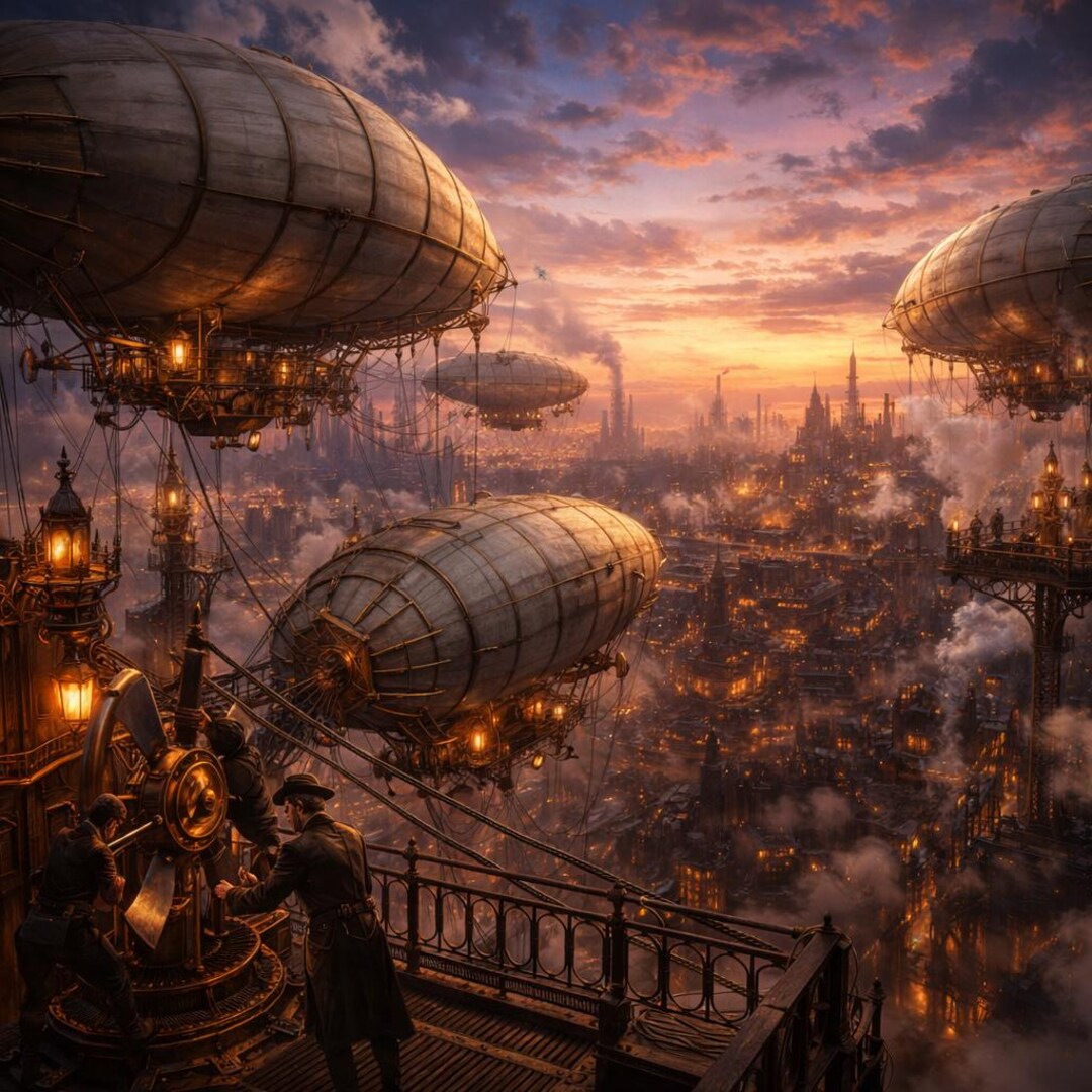 Empire of Brass Airship Cityscape Print – Victorian Steampunk Sunset ...