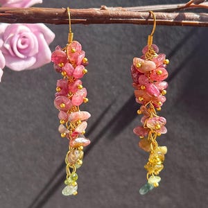 Tourmaline Long Dangle Earrings - Rose pink, Olive, Gold - Boho Natural Stone Earrings - Handmade Jewelry - Colorful Beaded Earrings