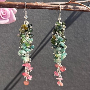 Tourmaline Long Dangle Earrings - Green Blue Pink Beaded Earrings - Handmade Jewelry - Summer Fashion - Boho Natural Stone Earrings
