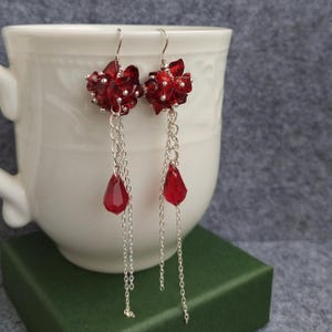 Long Red Flower Dangle Earrings - Prom Accessories - Handmade Beaded Jewelry - Spring Summer Fashion